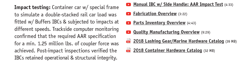 Impact testing: Container car w/ special frame to simulate a double-stacked rail car load was fitted w/ Buffers IBCs & subjected to impacts at different speeds. Trackside computer monitoring confirmed that the required AAR specification for a min. 1.25 million lbs. of coupler force was achieved. Post-impact inspections verified the IBCs retained operational & structural integrity.